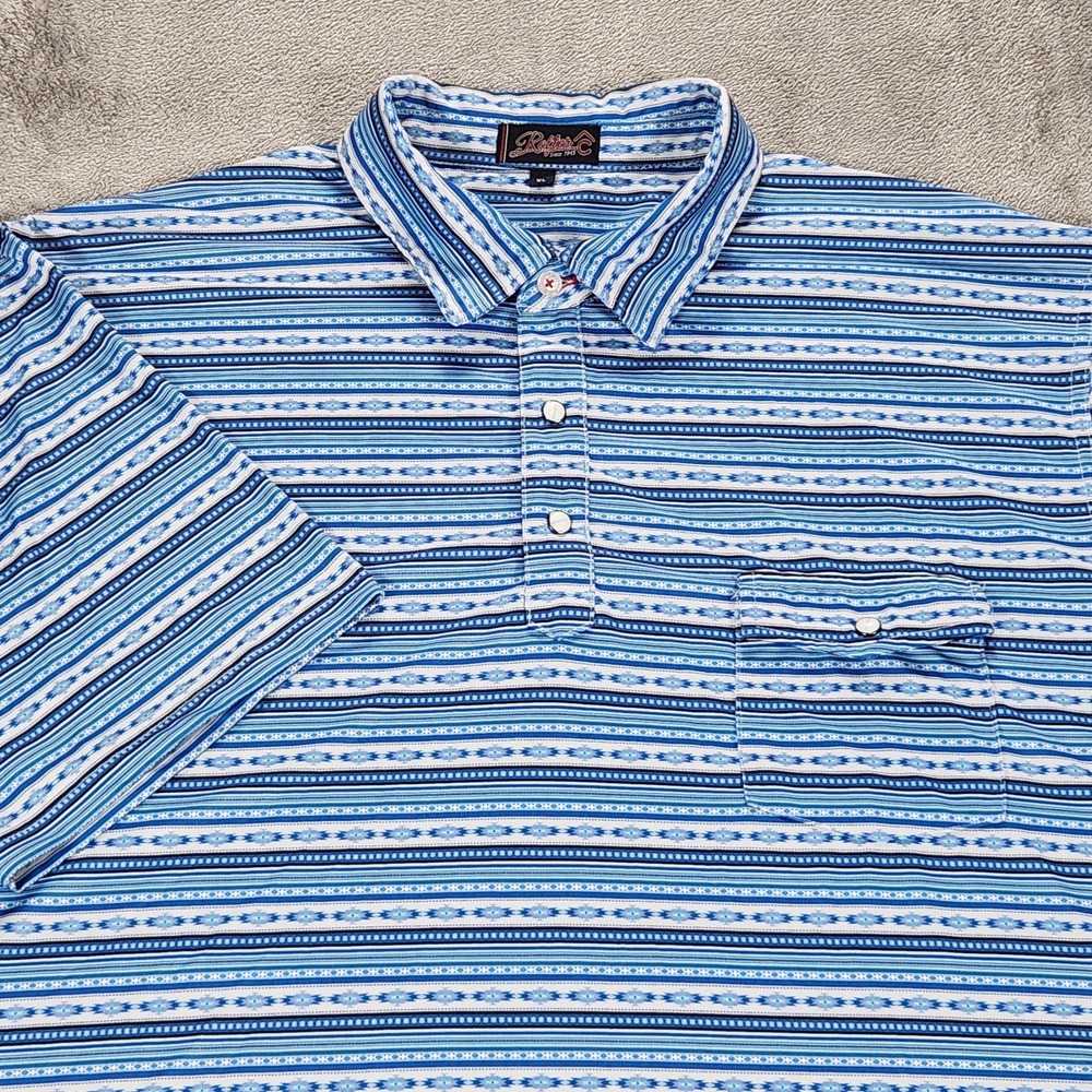 Rafter C Polo Shirt Mens XL Blue Aztec Stripe Western Stretch Pocket‎ Knit